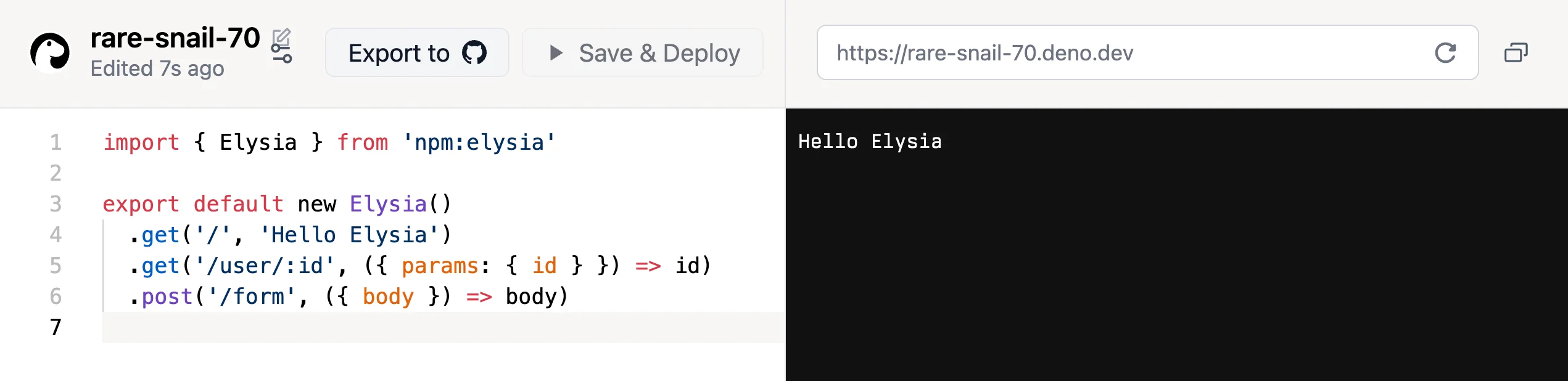 Code editor in Deno Deploy with Elysia API code. The left side displays TypeScript code for API endpoints, including import statements and route definitions. The right side shows a black terminal-like output area with the text Hello Elysia.