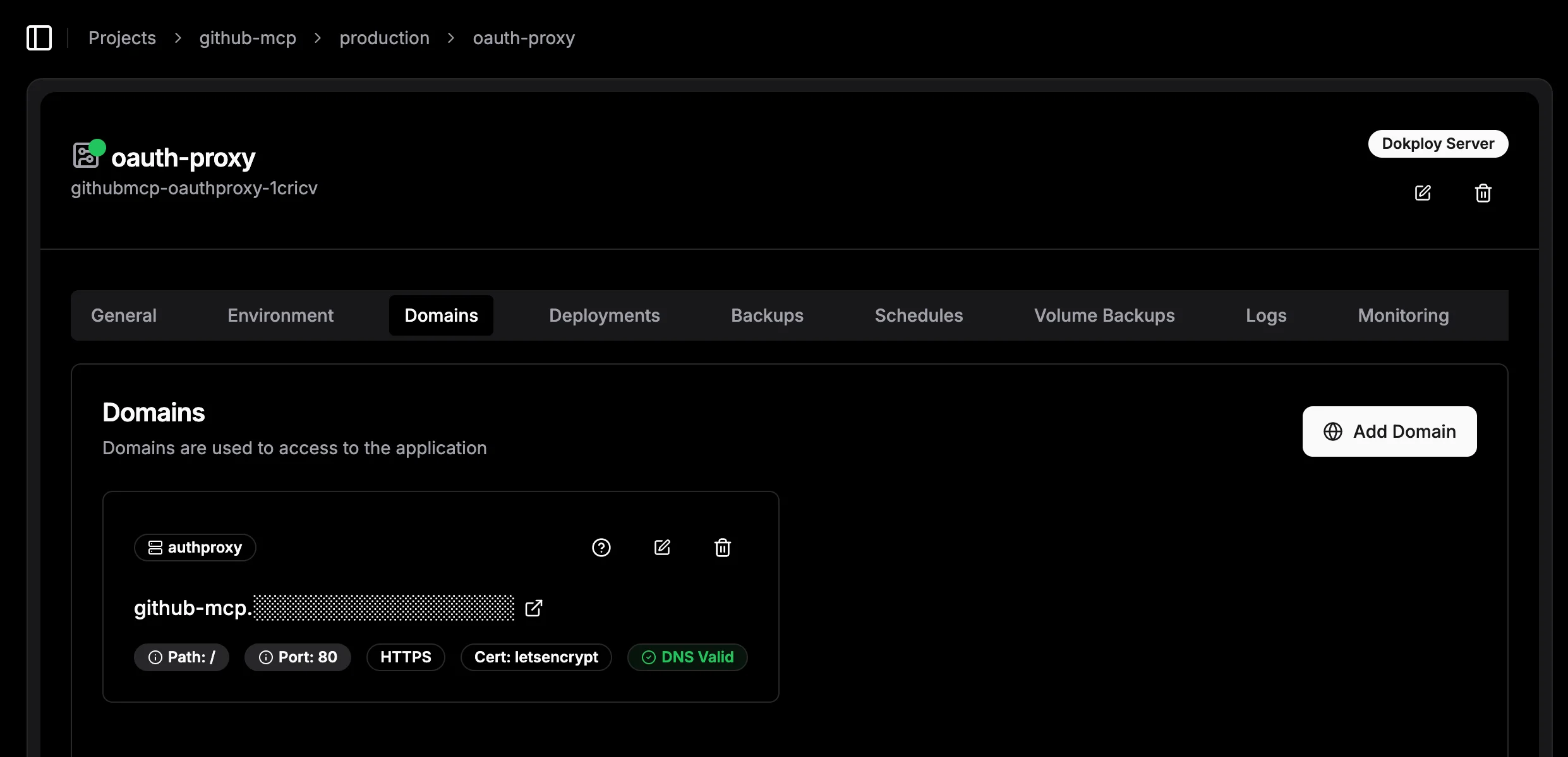 A screenshot of Dokploy domain settings. It shows a list of domains configured for "github-proxy" with details like HTTPS status, SSL certificate, and DNS validation.