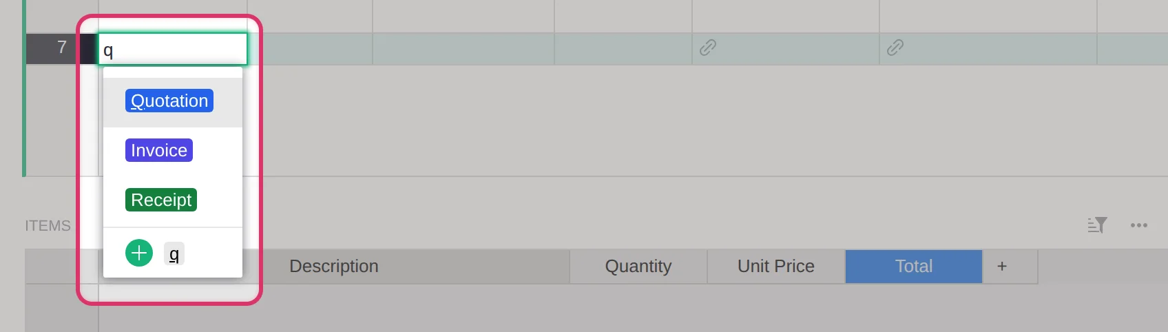 A dropdown menu labeled "q" is open, displaying options for "Quotation," "Invoice," and "Receipt."