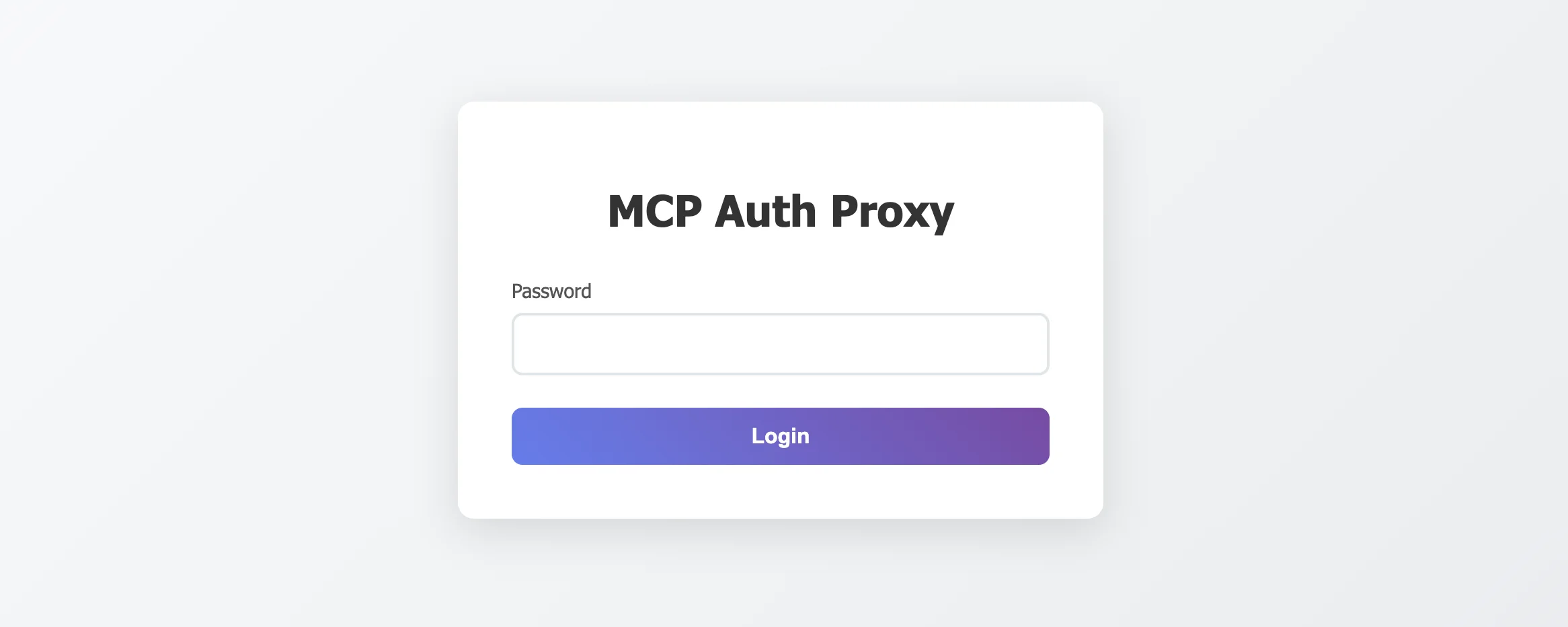 A white login form with purple accents displays "MCP Auth Proxy" as the title. It includes a password field and a purple "Login" button.
