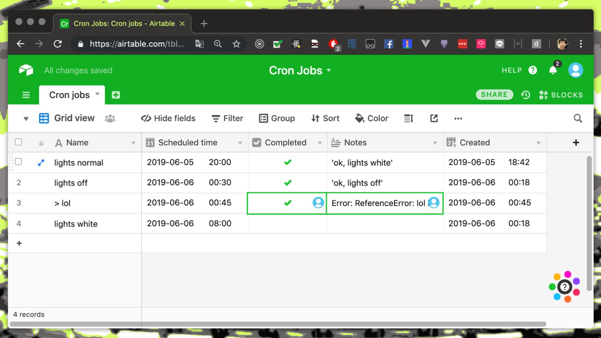 Airtable table showing scheduled commands