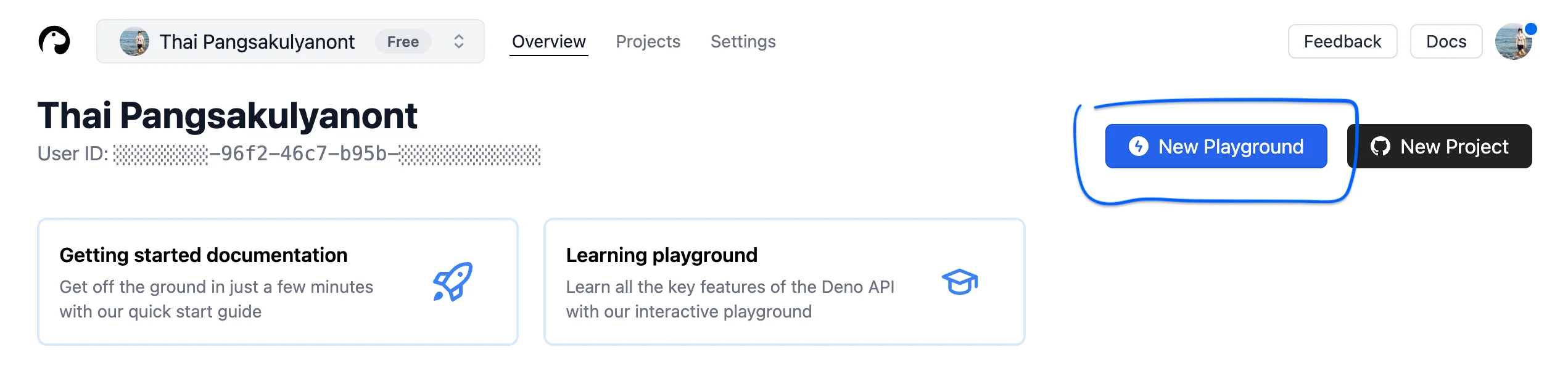 Deno Deploy user dashboard showing the user's name, user ID, and navigation tabs for Overview, Projects, and Settings. Two large buttons on the right labeled New Playground and New Project, with New Playground highlighted by a blue hand-drawn circle. The interface is clean and modern, designed for ease of use.
