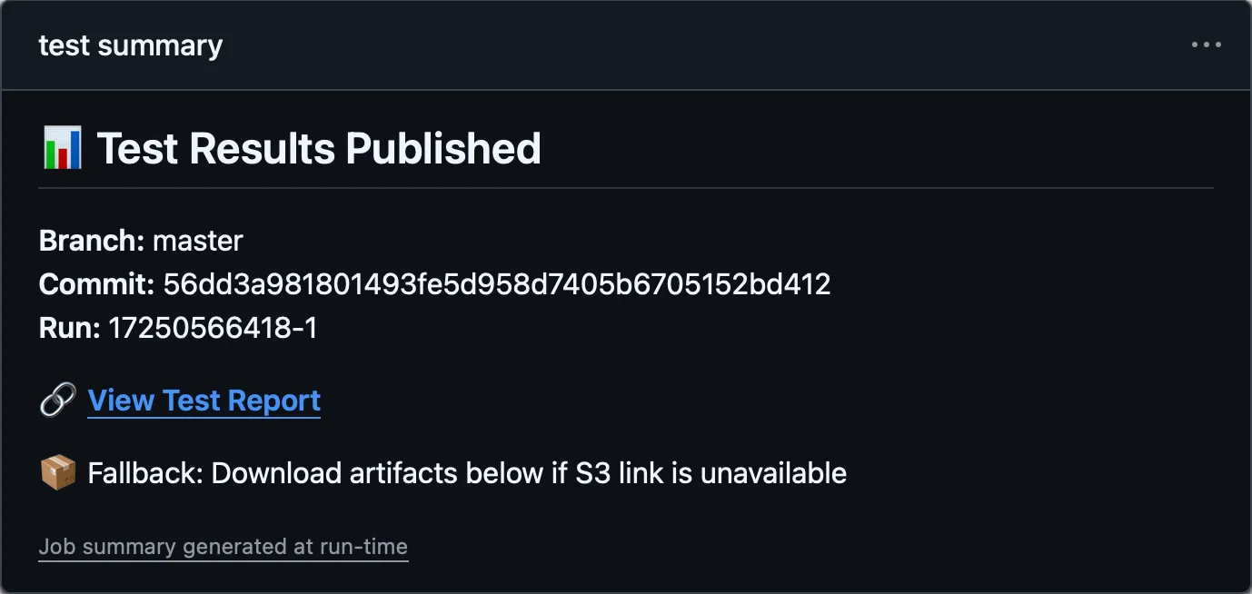 Screenshot of a GitHub Actions job summary displaying test results published for the master branch. There is a prominent heading Test Results Published with a bar chart icon. Below, a blue link labeled View Test Report is shown, followed by a fallback message to download artifacts if the S3 link is unavailable. The overall tone is informative and professional, set against a dark-themed interface.