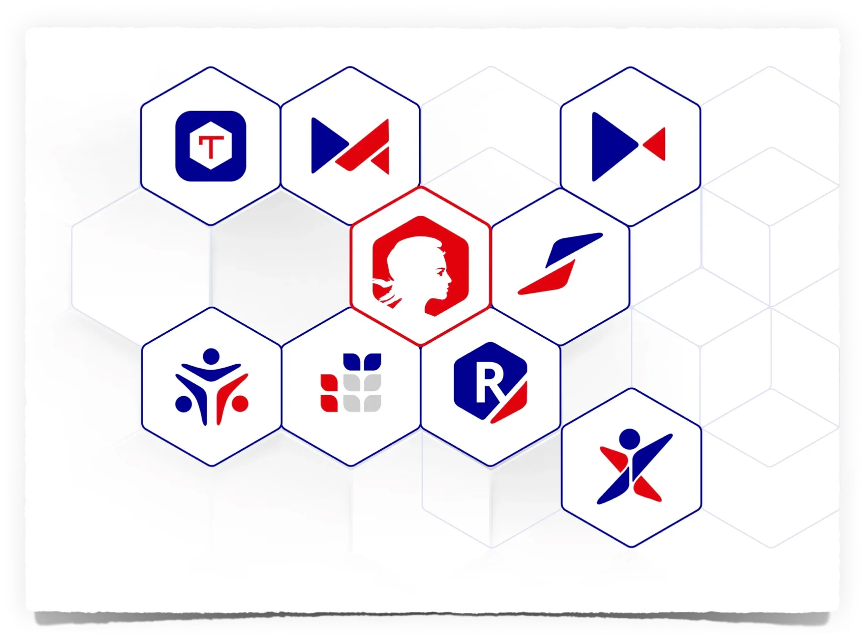 A collection of nine distinct logos arranged in a honeycomb pattern. Each logo is contained within a hexagonal frame and utilizes a combination of red, blue, and white shapes, including stylized letters, arrows, and human figures.