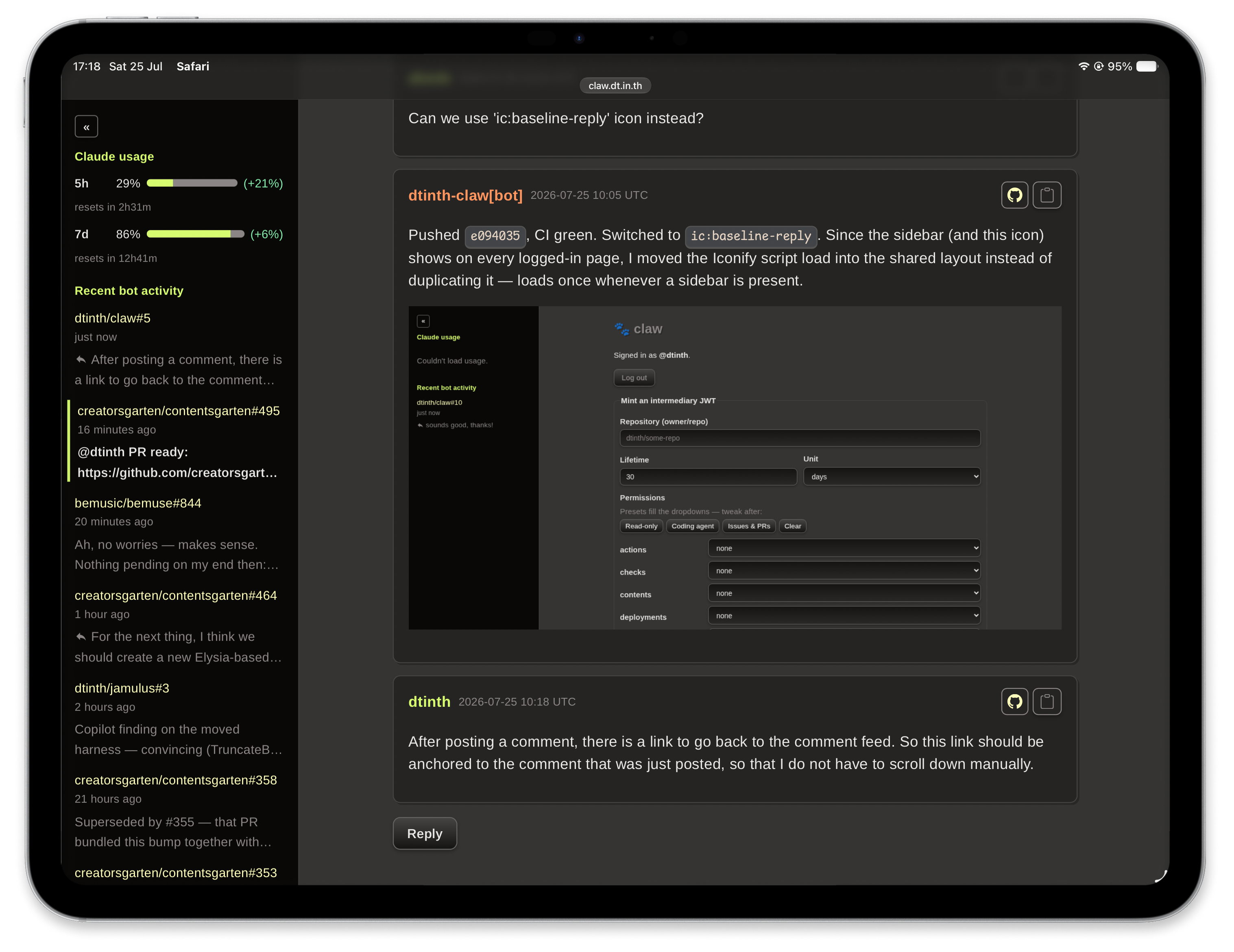 claw's dashboard, open on an iPad — a sidebar showing Claude usage meters and recent bot activity next to a comment feed